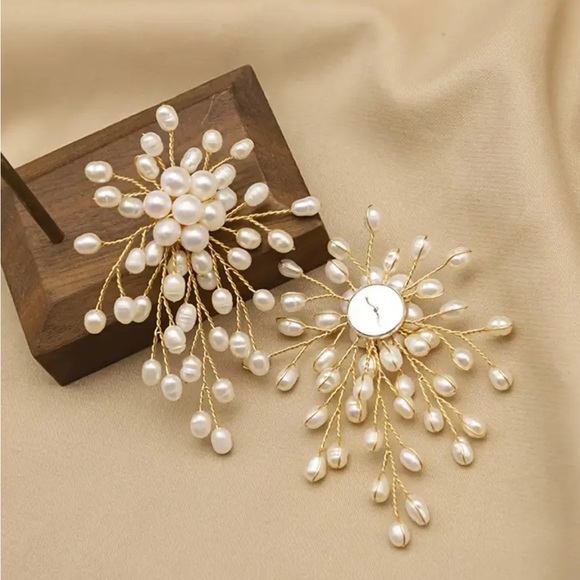 Gold Pearl Cascading Statement Earrings - Picture 3 of 3